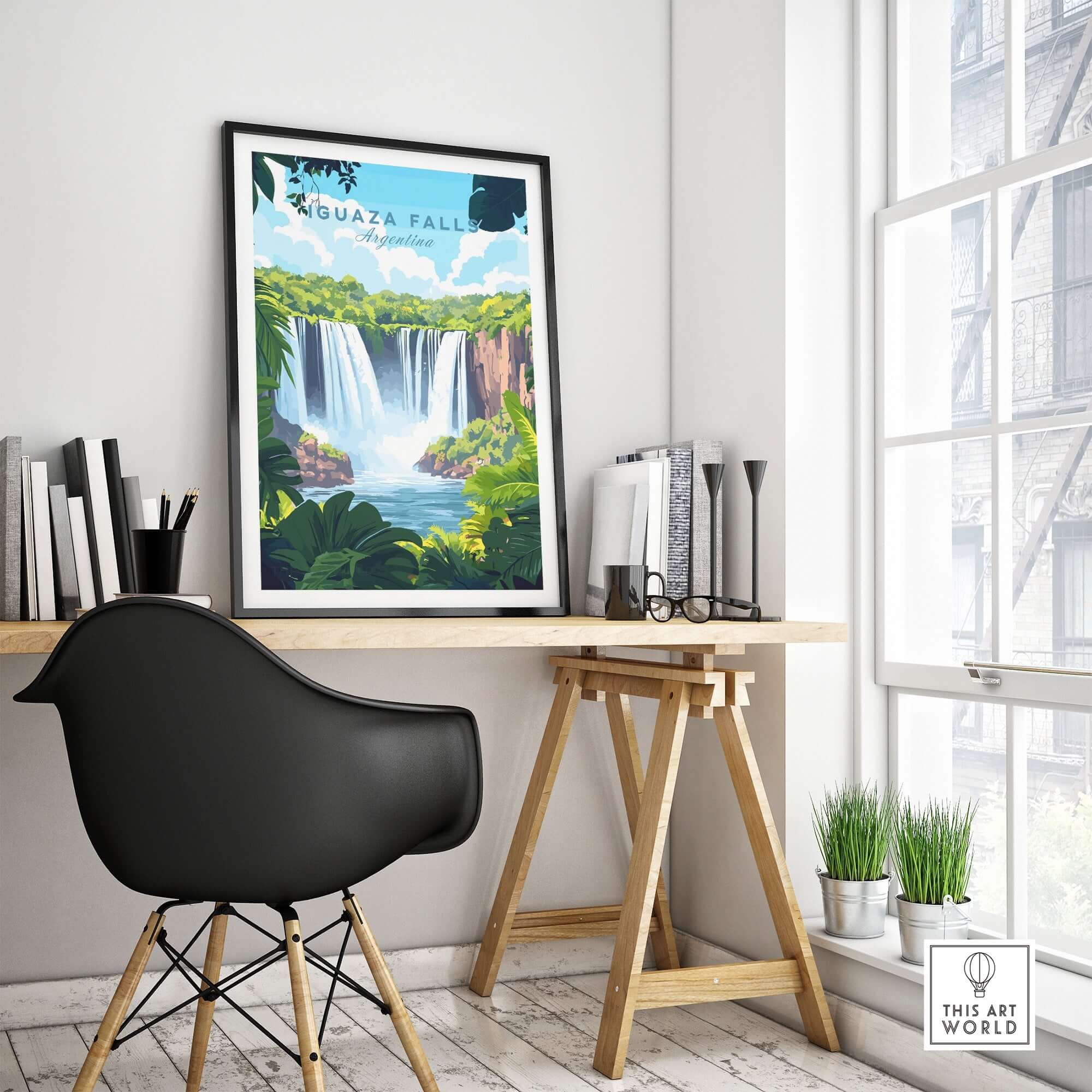 Iguazu Falls Travel Print displayed in a modern workspace, showcasing vibrant colors and detailed imagery of the falls.