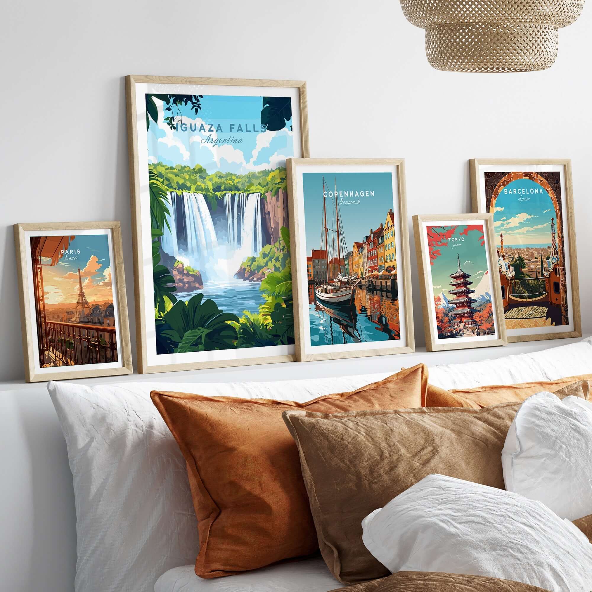 Iguazu Falls Travel Print displayed among other travel prints in a modern home setting.