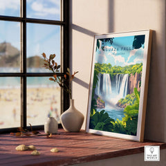 Iguazu Falls Travel Print displayed in a sunlight-filled room with plants, enhancing the beauty of nature's wonder.