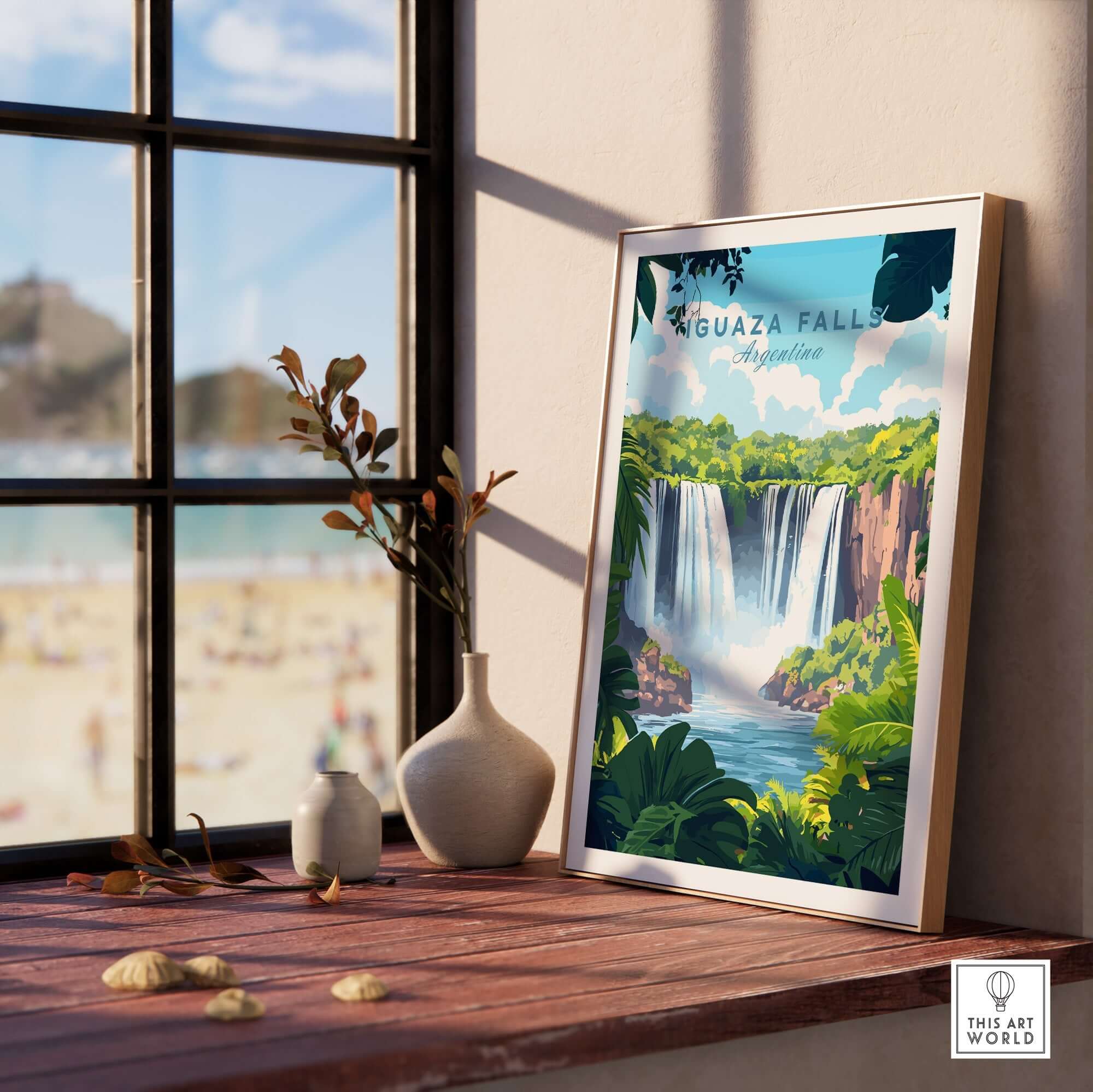 Iguazu Falls Travel Print displayed in a sunlight-filled room with plants, enhancing the beauty of nature's wonder.