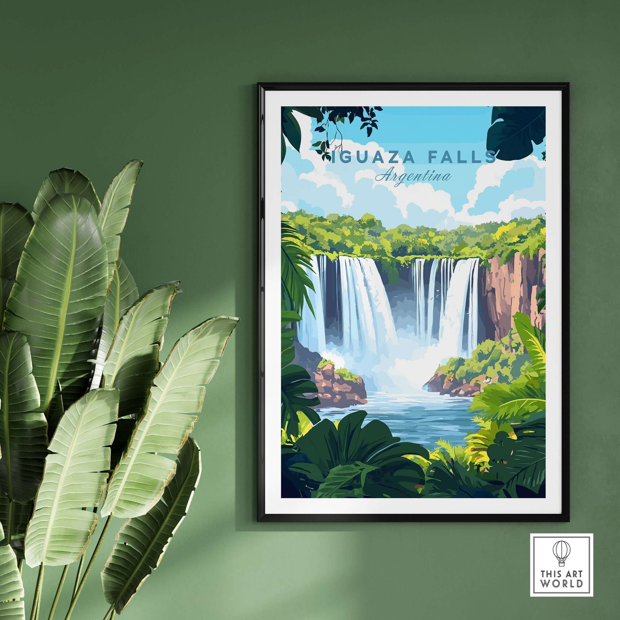 Iguazu Falls Travel Print showcasing the stunning beauty of Iguazu Falls in Argentina, perfect for nature enthusiasts.