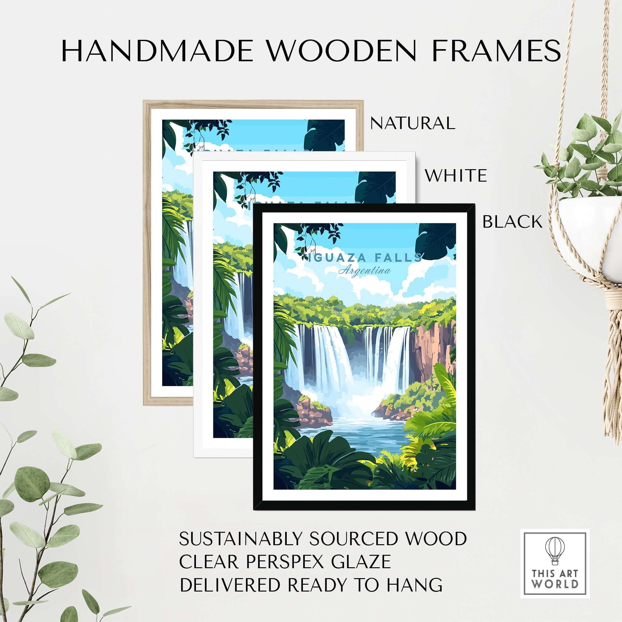 Iguazu Falls Travel Print displayed in handmade wooden frames, available in natural, white, and black finishes.