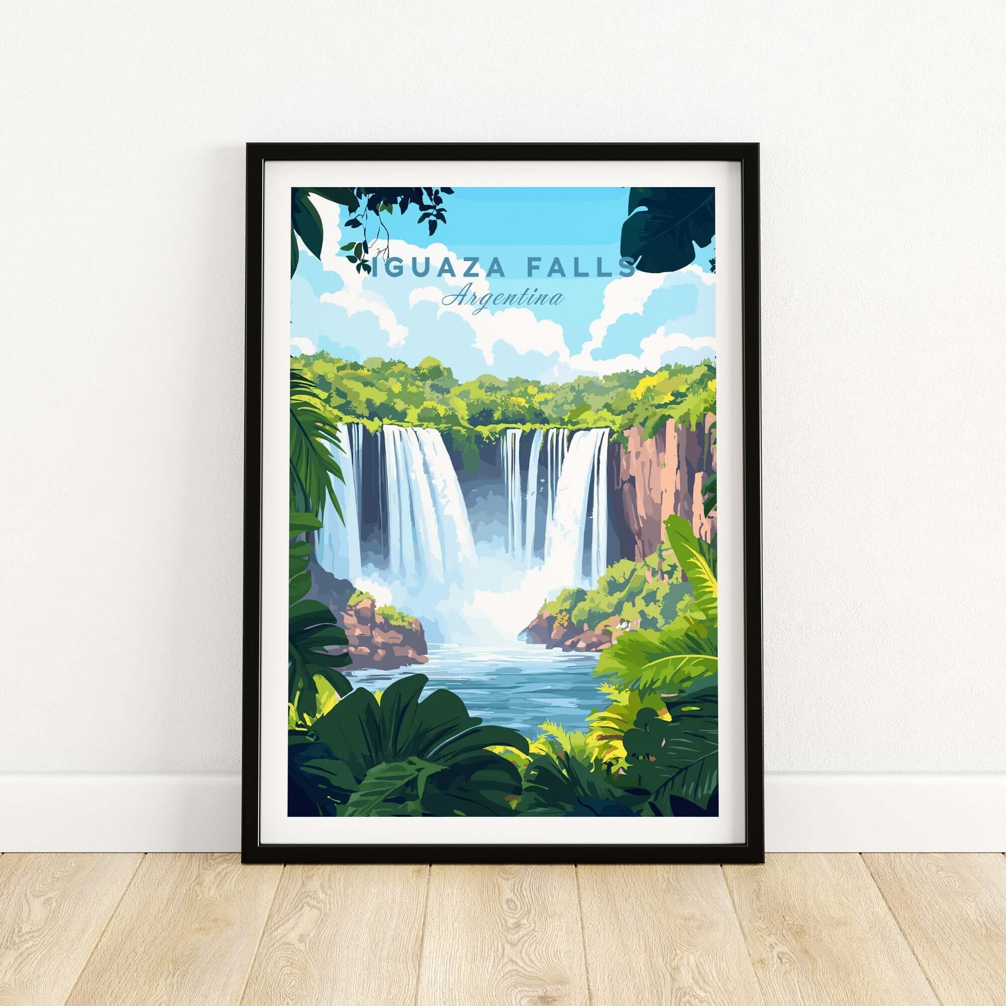 Iguazu Falls Travel Print showcasing the stunning waterfalls and lush greenery of Argentina.
