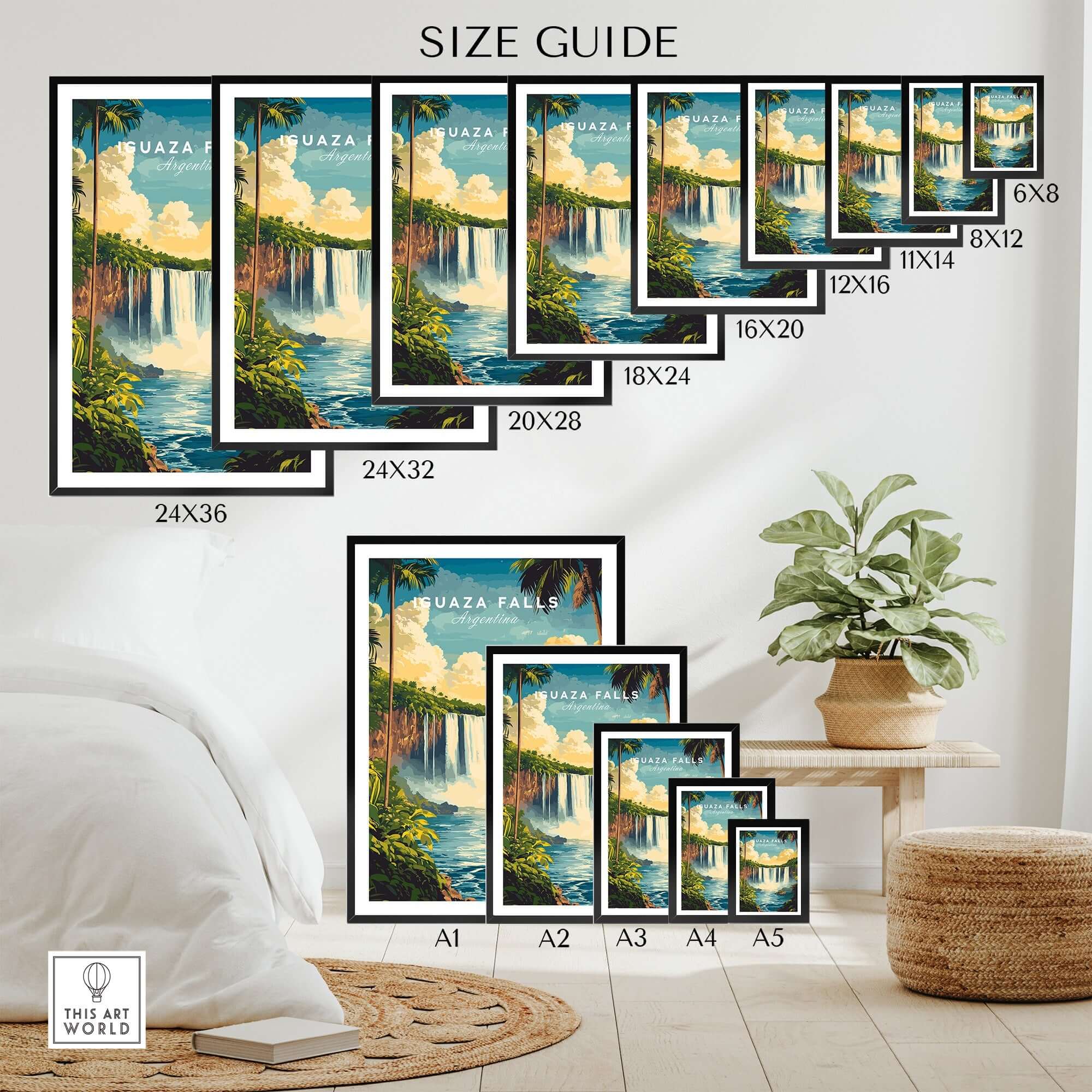 Iguazu Falls Wall Art size guide showcasing various framed dimensions for ideal home decor.