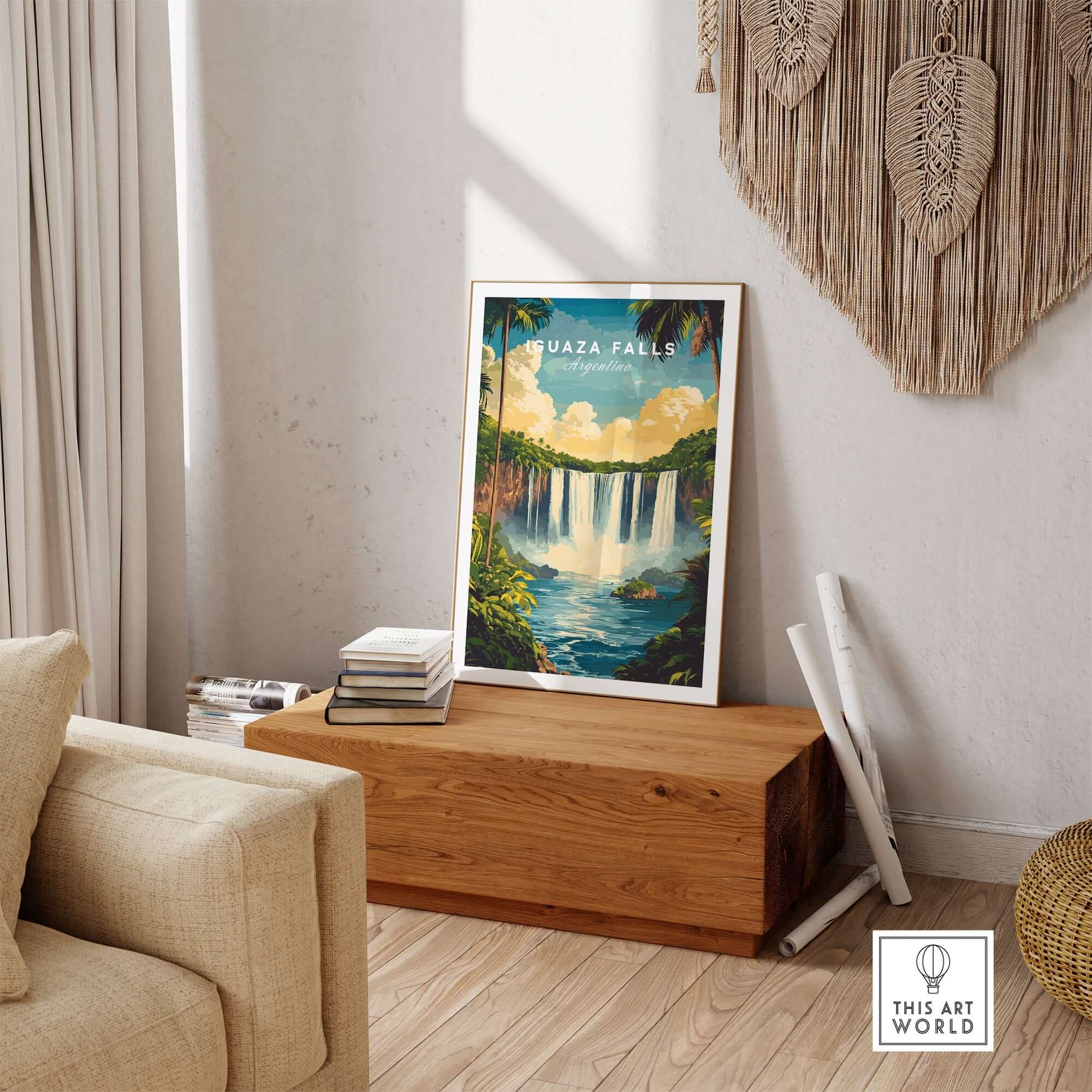 Iguazu Falls Wall Art displayed in a stylish living room, capturing the enchanting beauty of Iguazu Falls.