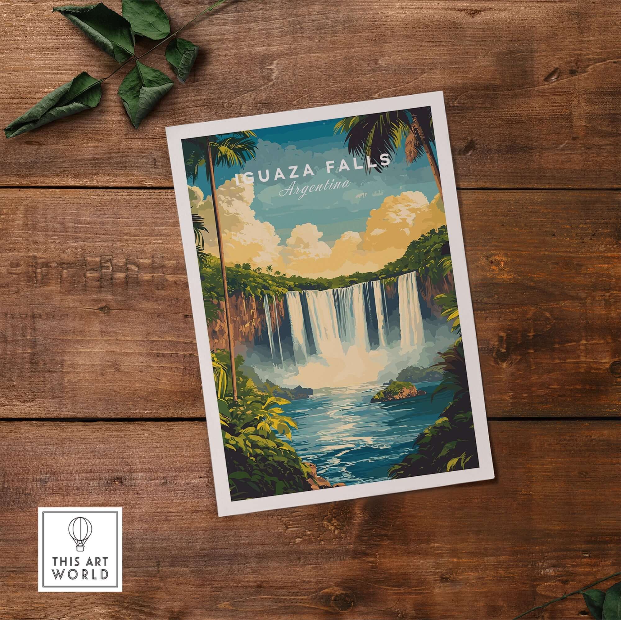 Iguazu Falls Wall Art showcasing the breathtaking beauty of Iguazu Falls in Argentina on a rustic wooden background.