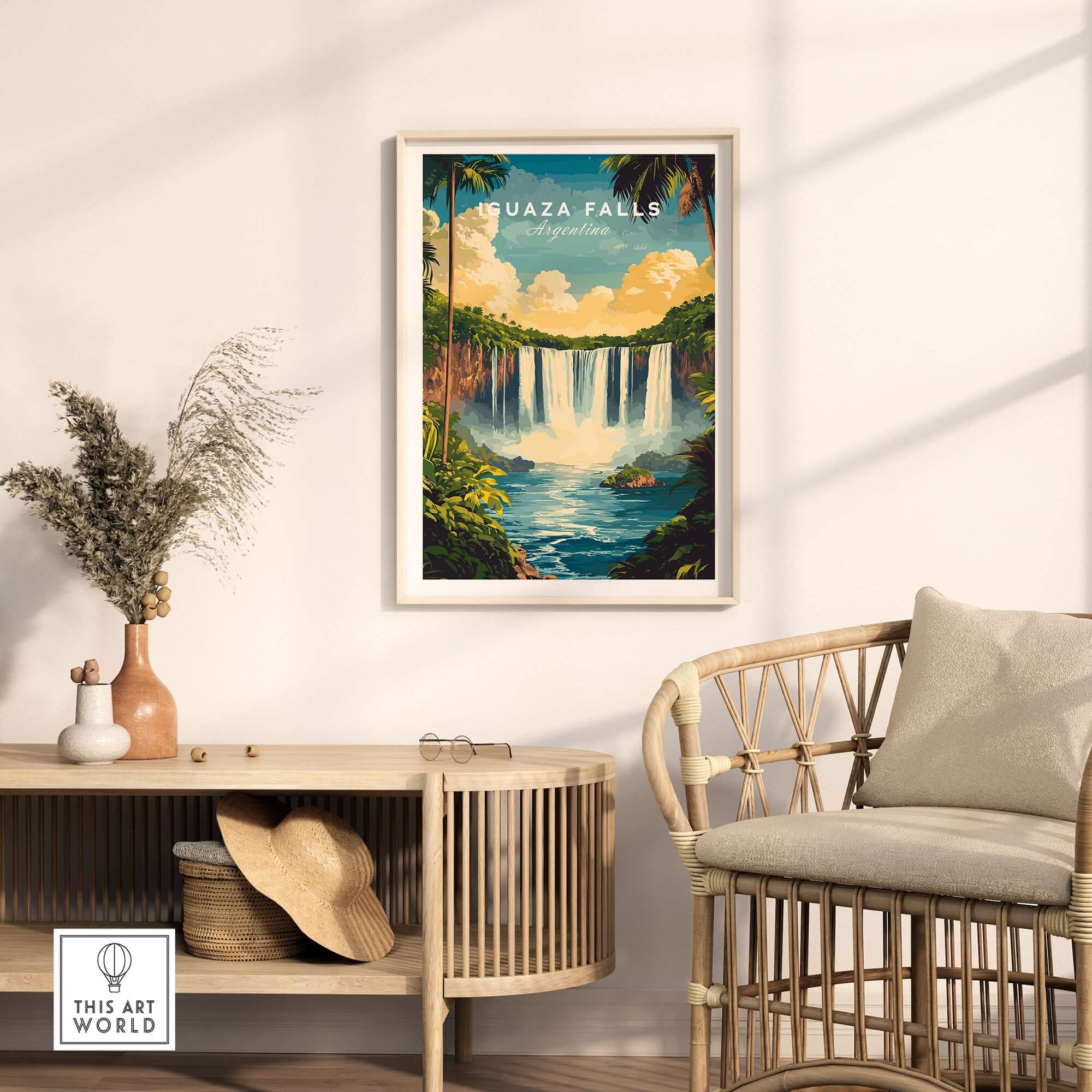 Iguazu Falls Wall Art showcasing the stunning beauty of Iguazu Falls in a stylish living room setting.