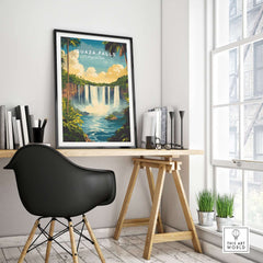 Iguazu Falls Wall Art displayed in a modern home office setting, showcasing the beauty of Iguazu Falls.
