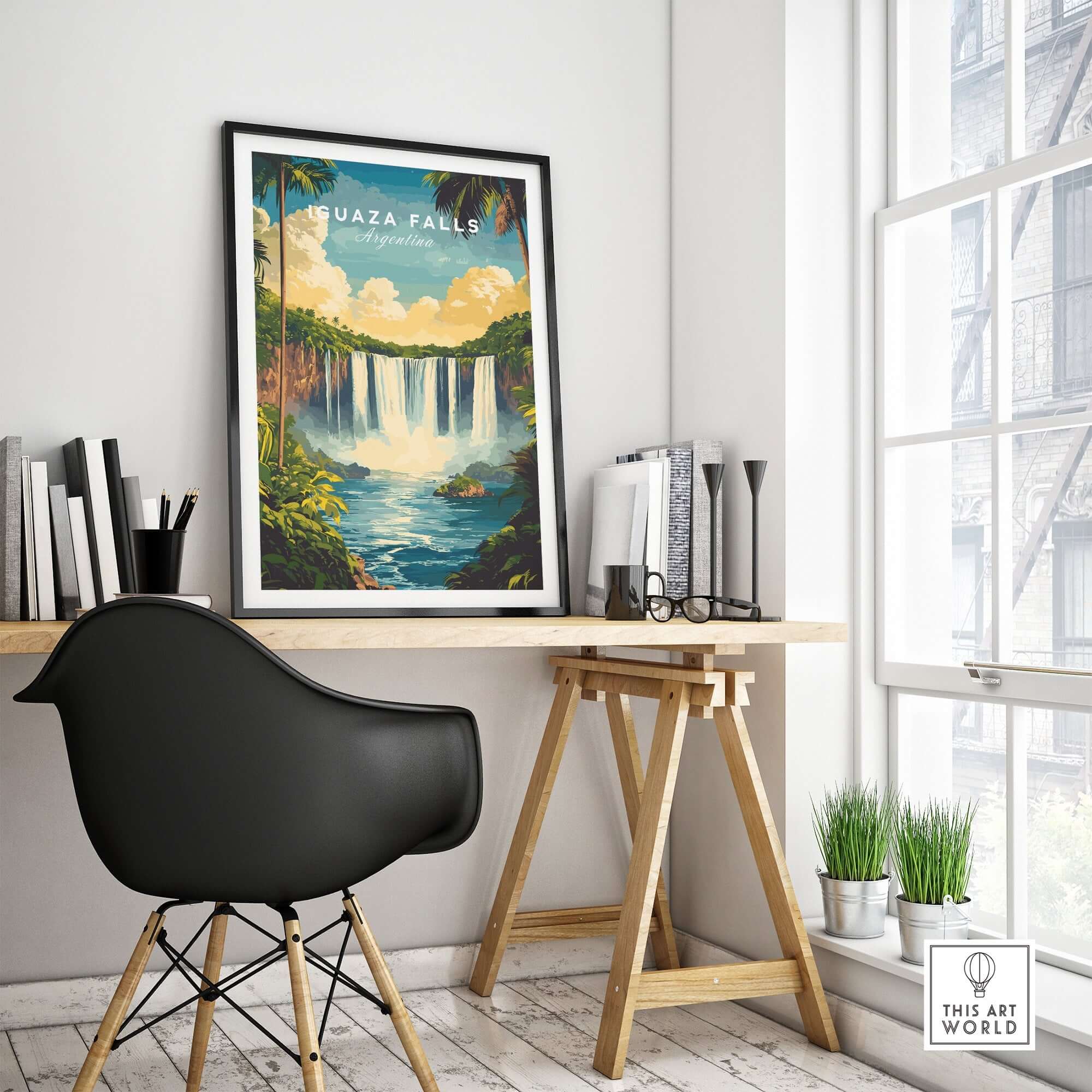 Iguazu Falls Wall Art displayed in a modern home office setting, showcasing the beauty of Iguazu Falls.
