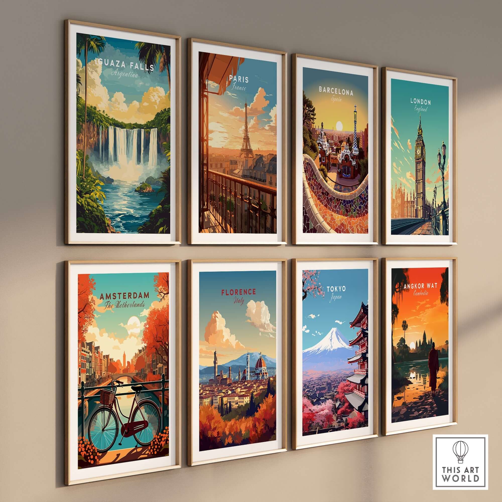 Iguazu Falls Wall Art showcased among other city-themed wall art prints in a stylish display.