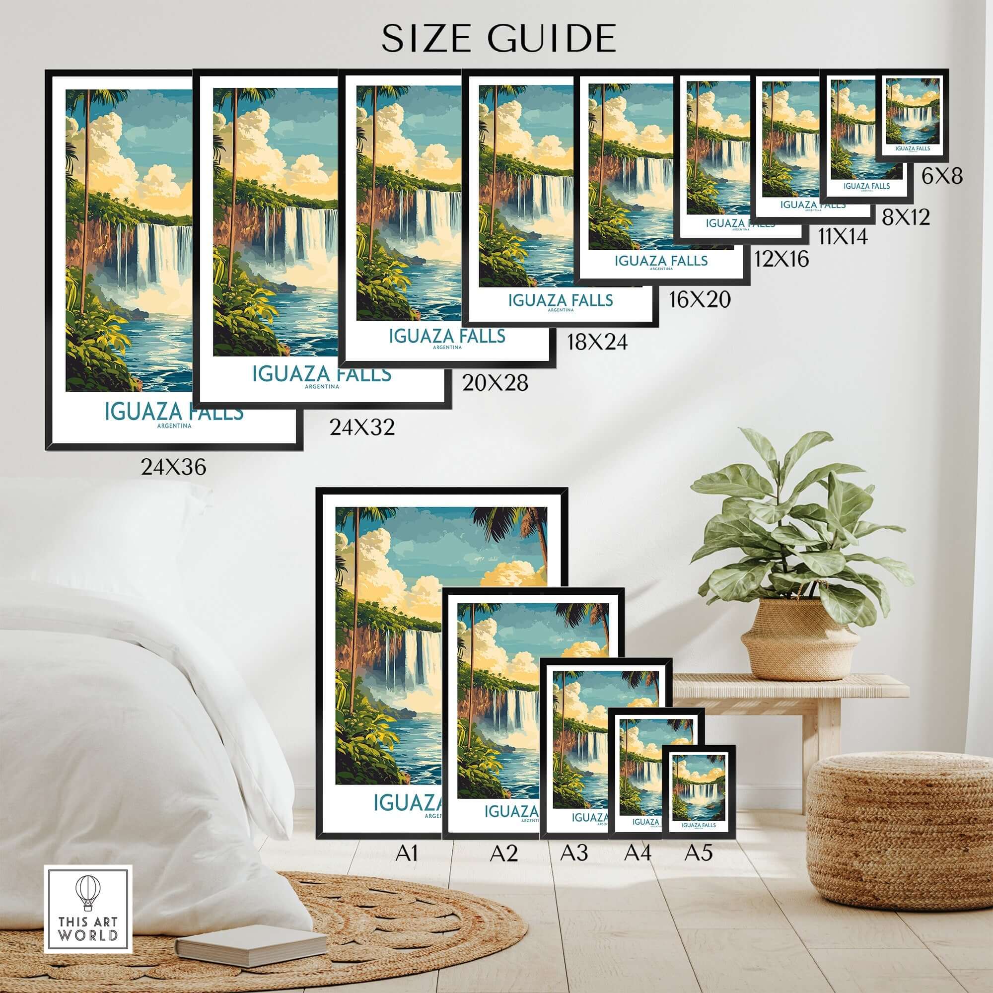Iguazu Falls Wall Art Print size guide showcasing various dimensions for home décor options.