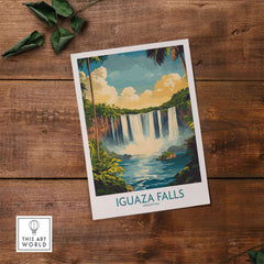 Iguazu Falls Wall Art Print showcasing the majestic waterfalls surrounded by lush greenery and a vibrant sky.