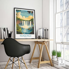 Iguazu Falls Wall Art Print displayed in a stylish home office setting, capturing the beauty of Iguazu Falls.