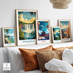 Iguazu Falls Wall Art Print displayed among other travel-themed art prints in a modern setting.