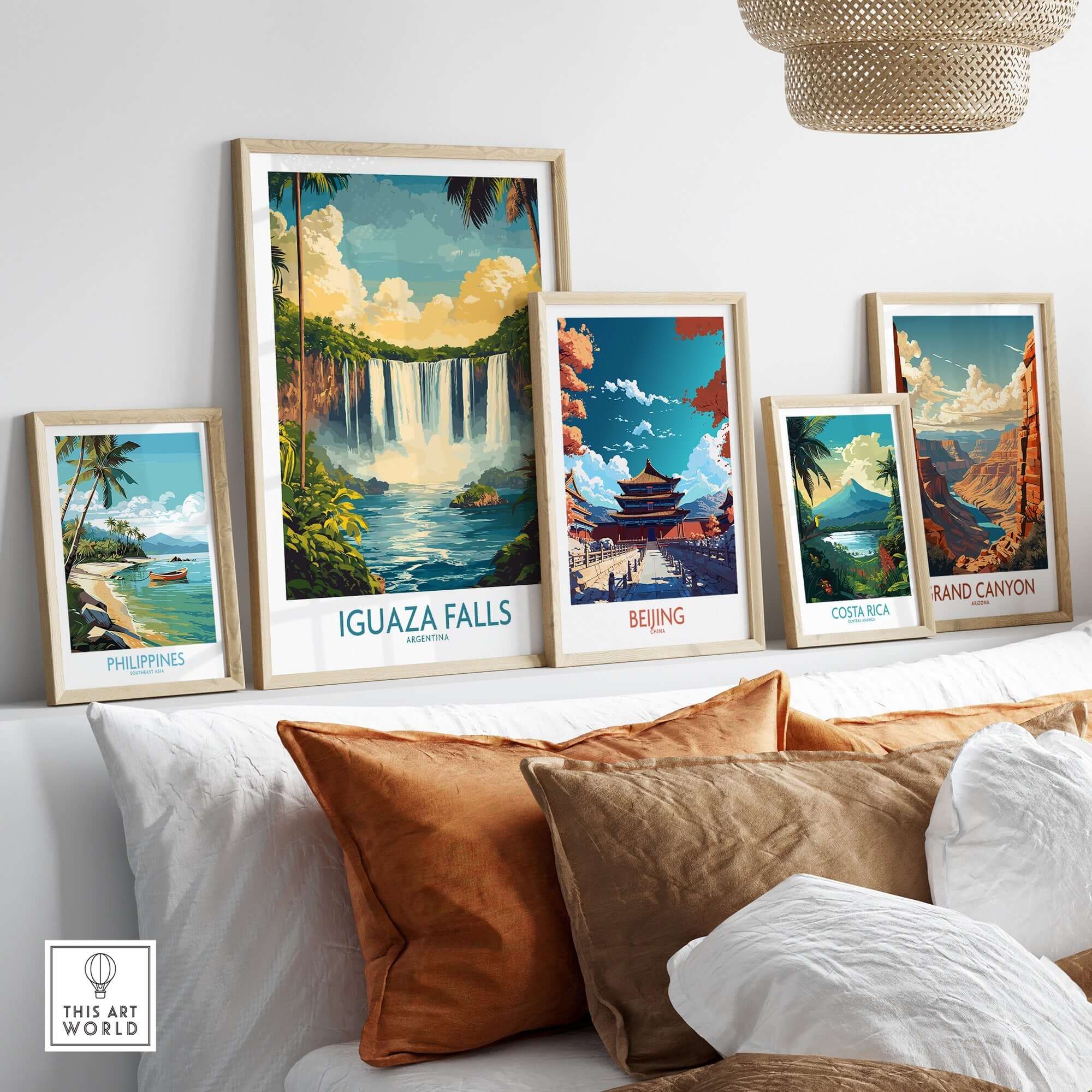 Iguazu Falls Wall Art Print displayed among other travel-themed art prints in a modern setting.