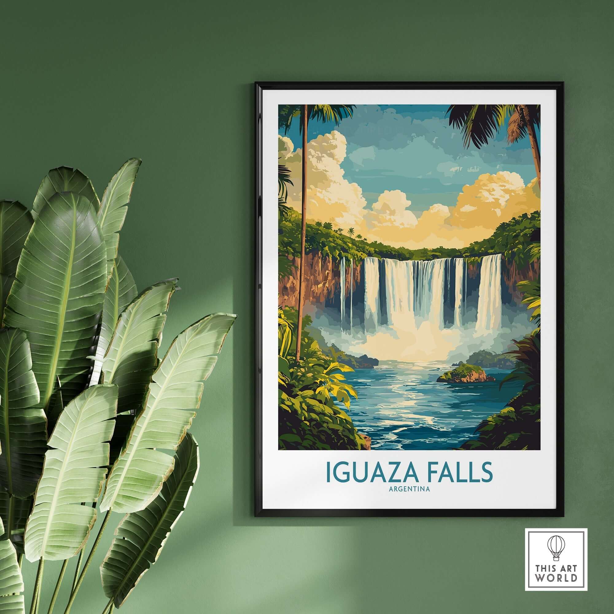 Iguazu Falls Wall Art Print displayed on a green wall, featuring vibrant colors and beautiful tropical scenery.