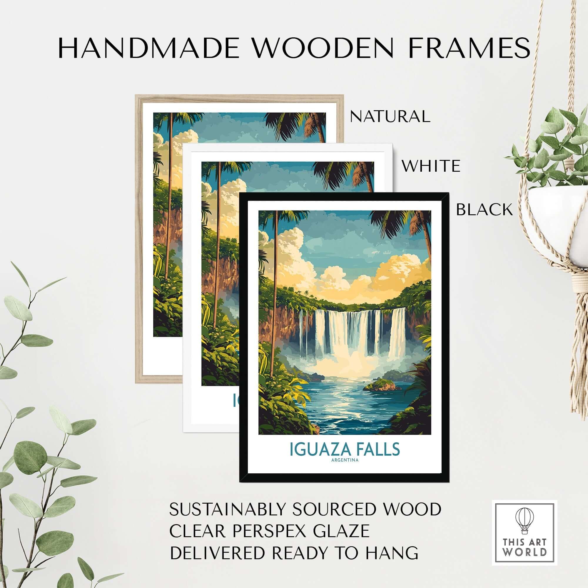 Iguazu Falls Wall Art Print in handmade wooden frames, featuring natural, white, and black options.