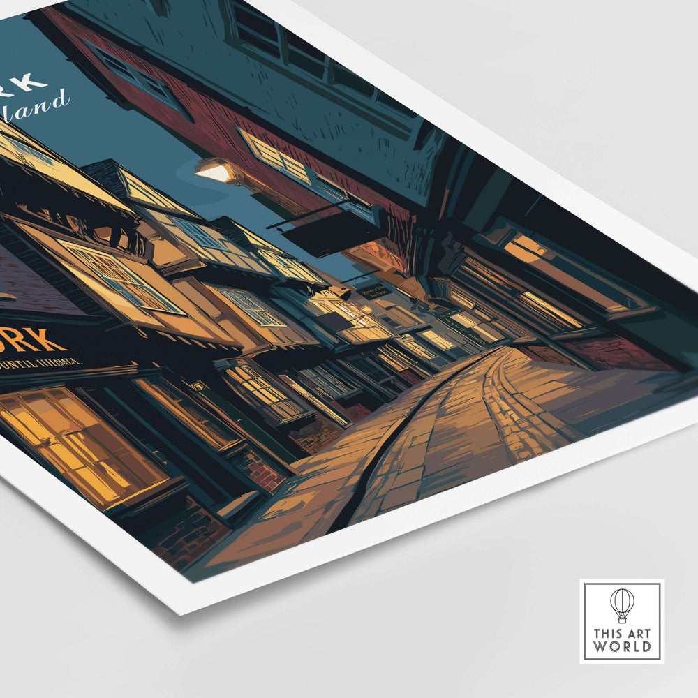 Illuminated York alleyway print showcasing charming Shambles, perfect wall art for home décor.