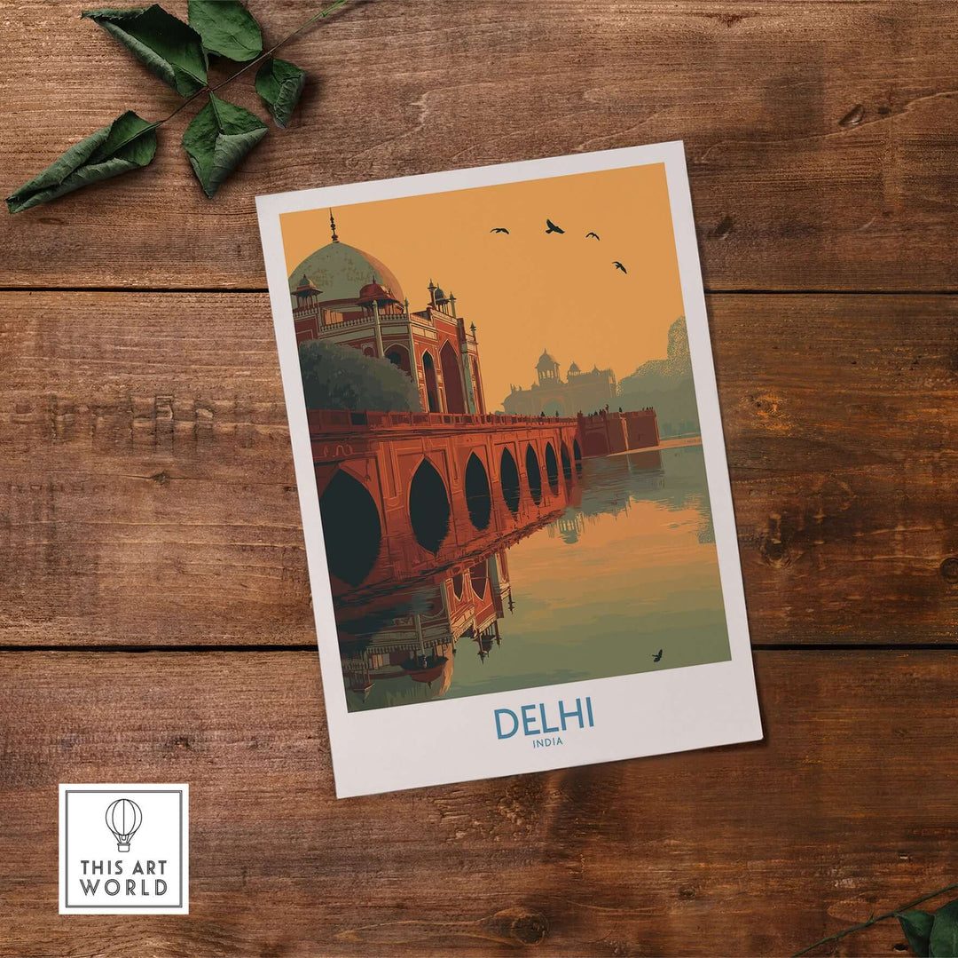 India sunset travel poster of Delhi featuring Humayun's Tomb and an arched bridge reflection in calm waters.