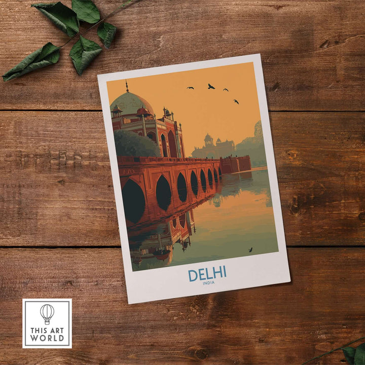 India sunset travel poster of Delhi featuring Humayun's Tomb and an arched bridge reflection in calm waters.