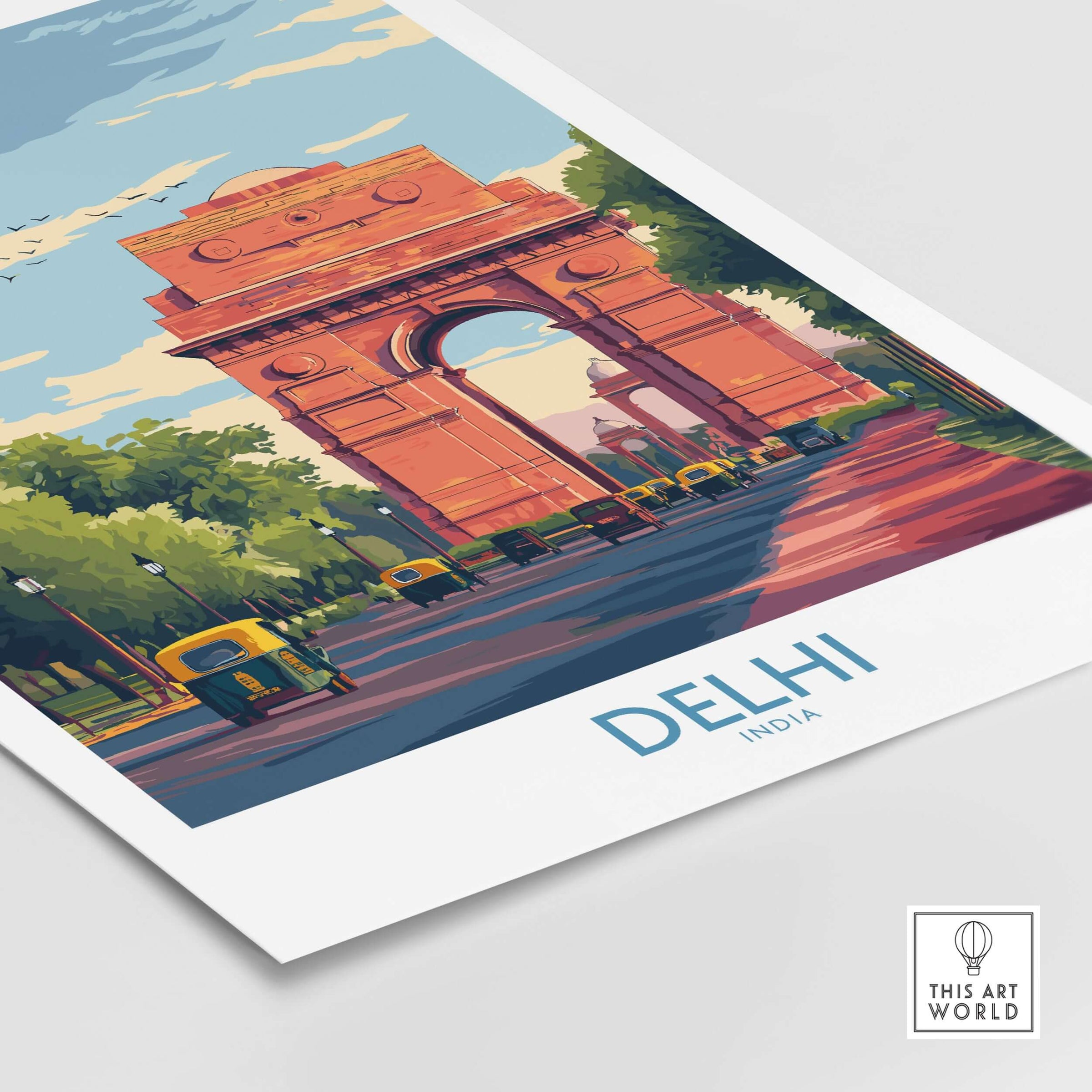 India Gate Delhi Travel Print Cityscape Poster Indian Landmark Wall Art Rickshaw at Rajpath avenue with auto-rickshaws.