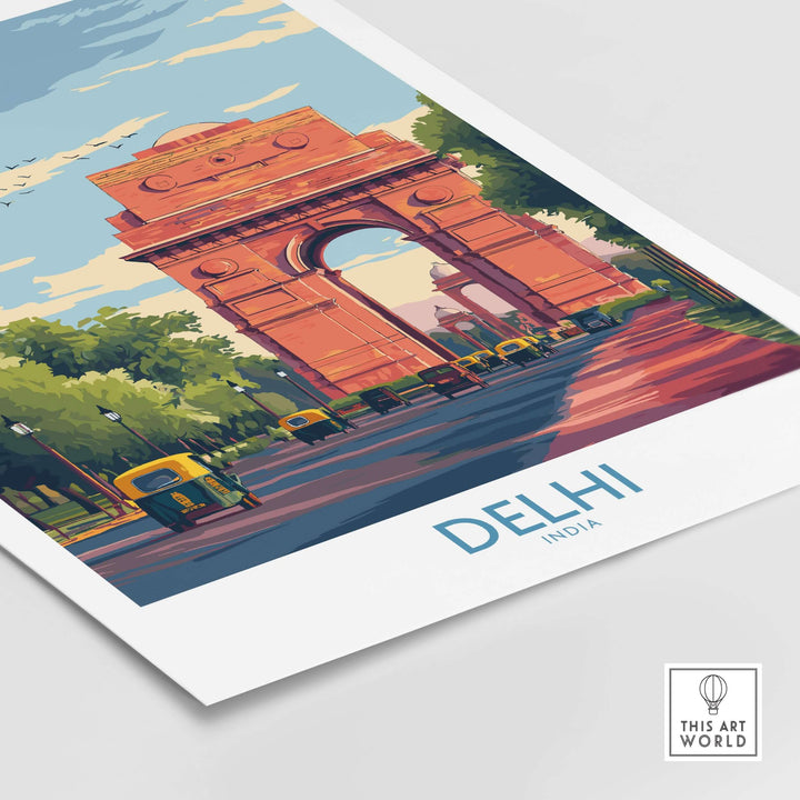 Colorful cityscape poster of India Gate, Delhi, showcasing rickshaws along Rajpath under a clear blue sky.