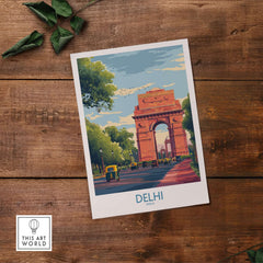 India Gate Delhi Travel Print Cityscape Poster Indian Landmark Wall Art Rickshaw depicting auto-rickshaws and trees.