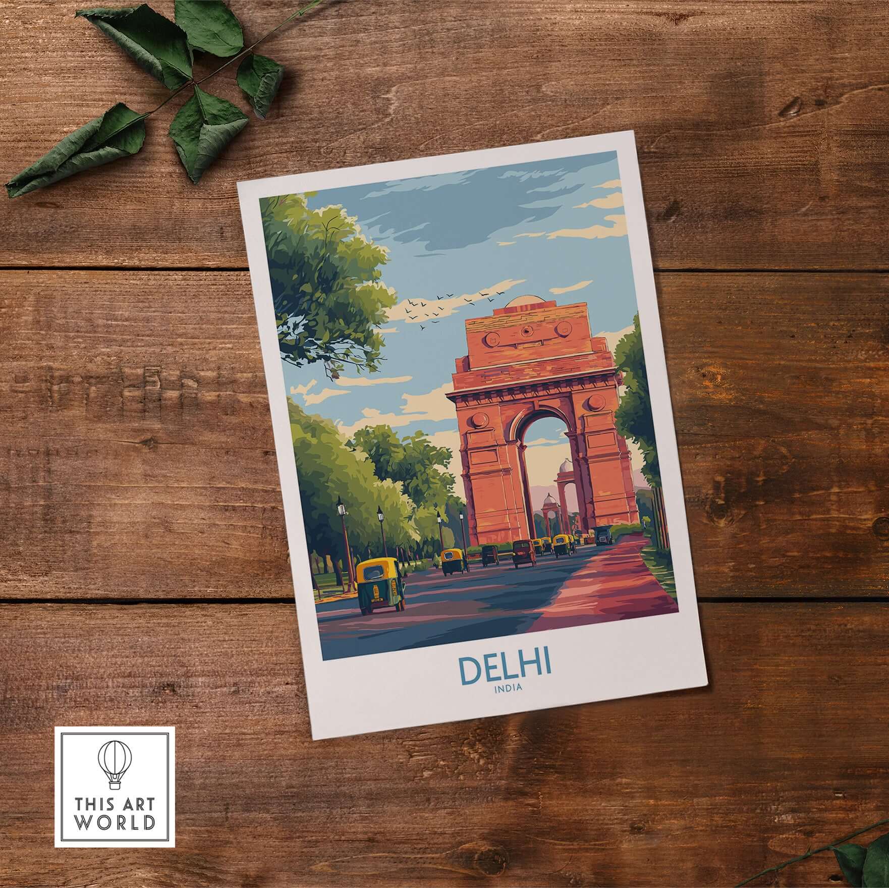India Gate Delhi Travel Print Cityscape Poster Indian Landmark Wall Art Rickshaw depicting auto-rickshaws and trees.