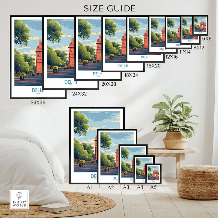 Size guide for India Gate Delhi travel print poster with various dimensions and styles.