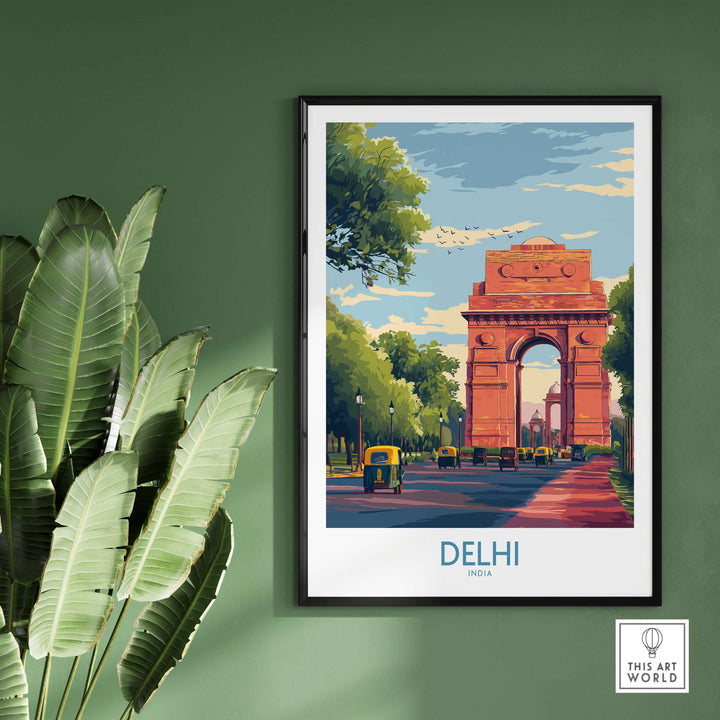 Colorful Delhi cityscape poster featuring India Gate and vibrant auto-rickshaws under a clear sky.