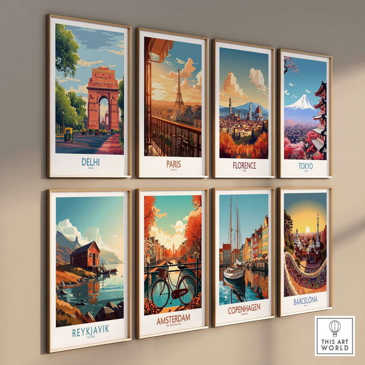Collection of vibrant cityscape travel posters featuring Delhi, Paris, Florence, Tokyo, Reykjavik, Amsterdam, Copenhagen, and Barcelona.