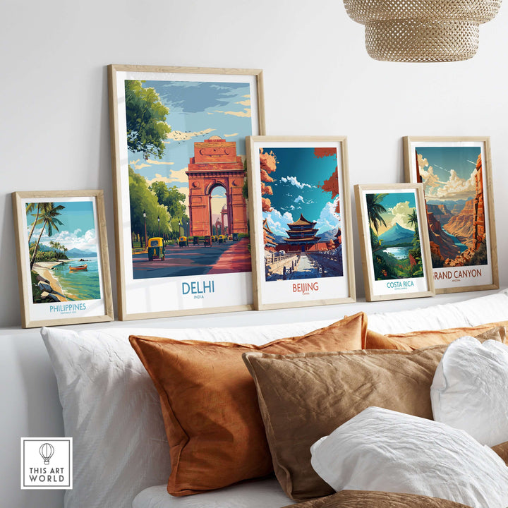 Framed travel posters featuring iconic landmarks from Delhi, Beijing, Costa Rica, and Grand Canyon on a stylish wall decor.
