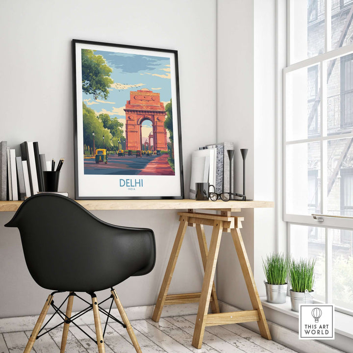 Delhi cityscape poster featuring India Gate, auto-rickshaw, and vibrant colors in a modern workspace.