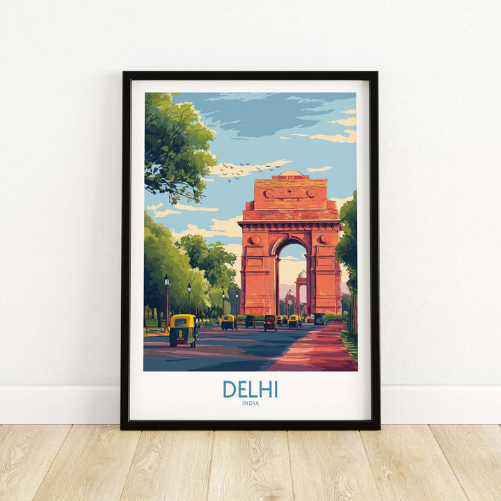 Colorful Delhi India Gate cityscape print with auto-rickshaws and clear skies, perfect for home decor.