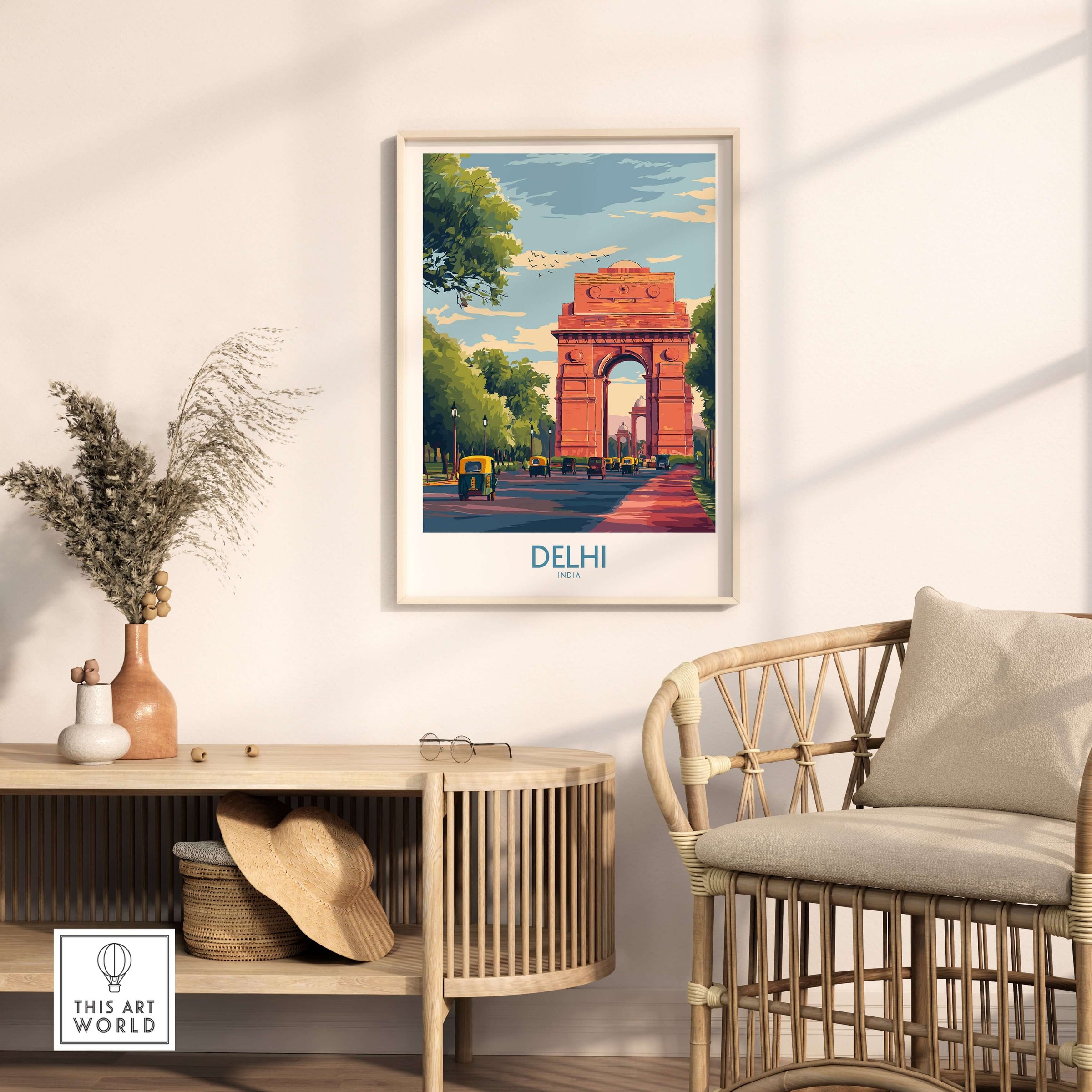 India Gate Delhi Travel Print Cityscape Poster Indian Landmark Wall Art Rickshaw framed on a wall with a stylish chair.