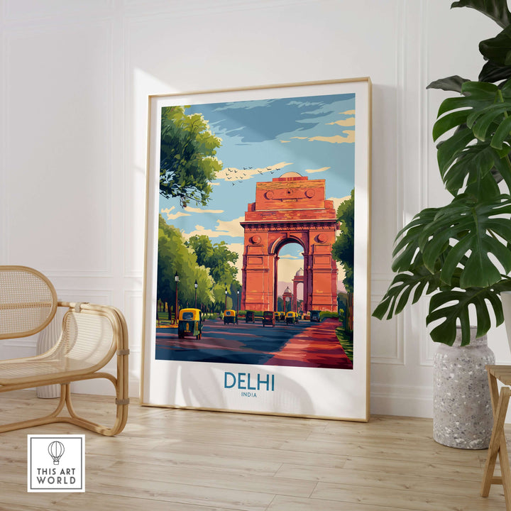Cityscape poster of India Gate in Delhi, featuring rickshaws and a bright sky, showcasing Indian landmark wall art.