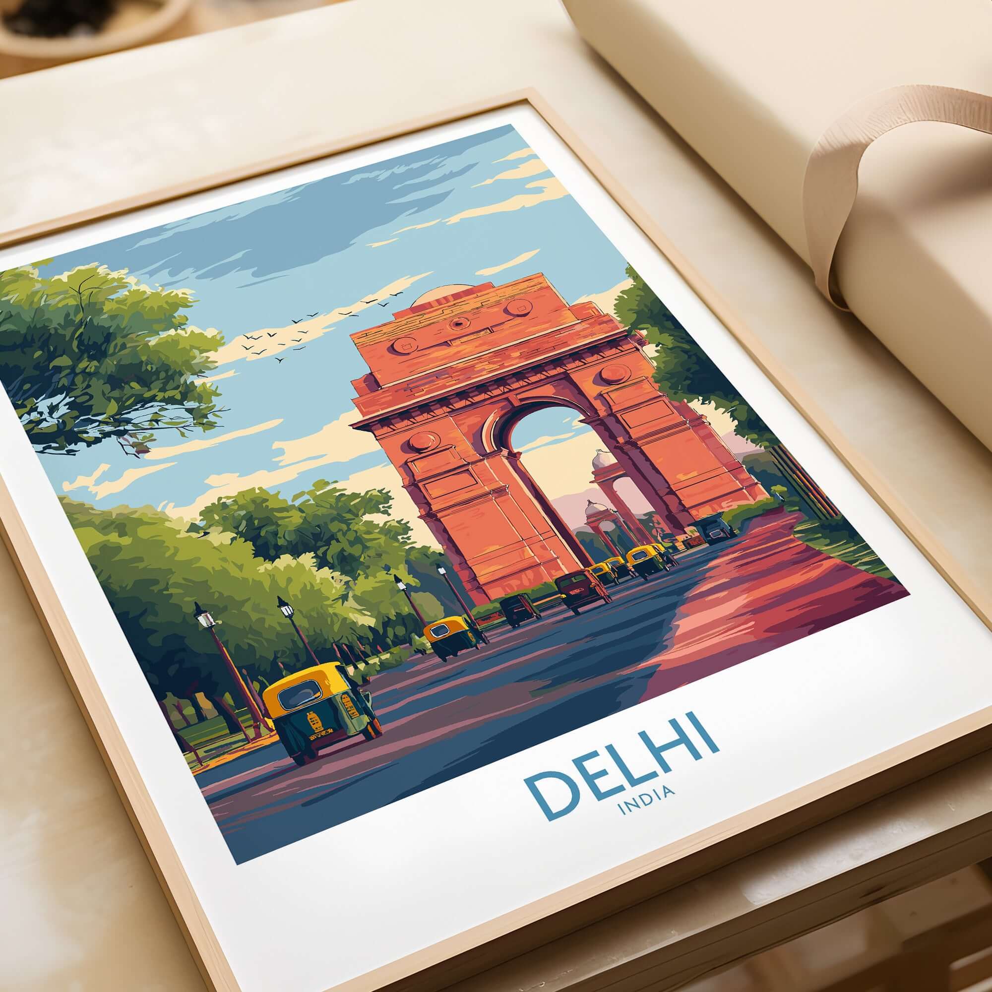 India Gate Delhi Travel Print Cityscape Poster Indian Landmark Wall Art Rickshaw framed in a modern decor setting.