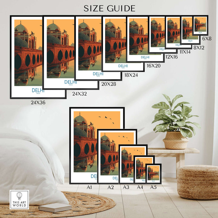 Size guide for India sunset travel poster featuring Humayun's Tomb and arched bridge views in various frame sizes.