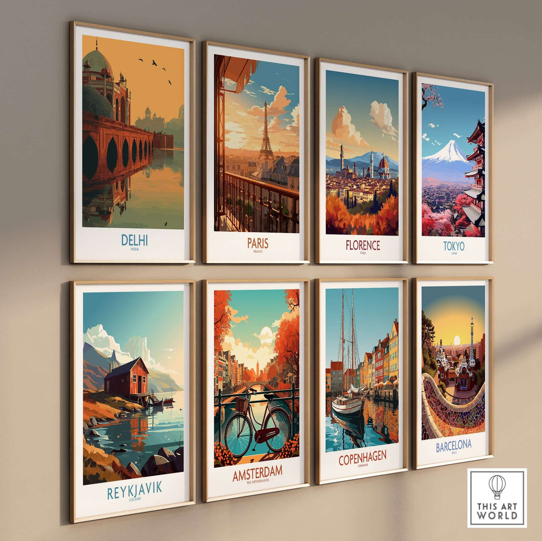 Collection of travel posters featuring Delhi, Paris, Florence, Tokyo, Reykjavik, Amsterdam, Copenhagen, and Barcelona.