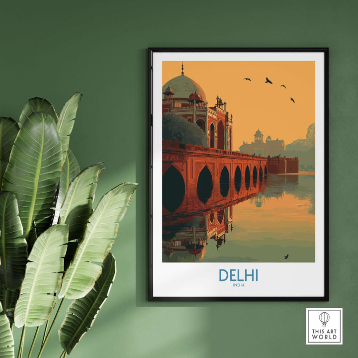 Delhi sunset travel poster featuring Humayun's Tomb and arched bridge reflected in calm waters.