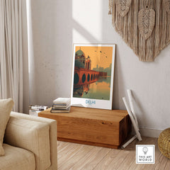 India Sunset Travel Poster Delhi Humayuns Tomb Bridge View Print Mughal Wall Art displayed in a cozy interior setting.