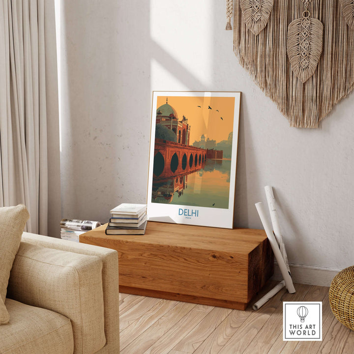 Mughal travel poster of Humayun's Tomb in Delhi with sunset view, showcasing arched bridge and serene waters.