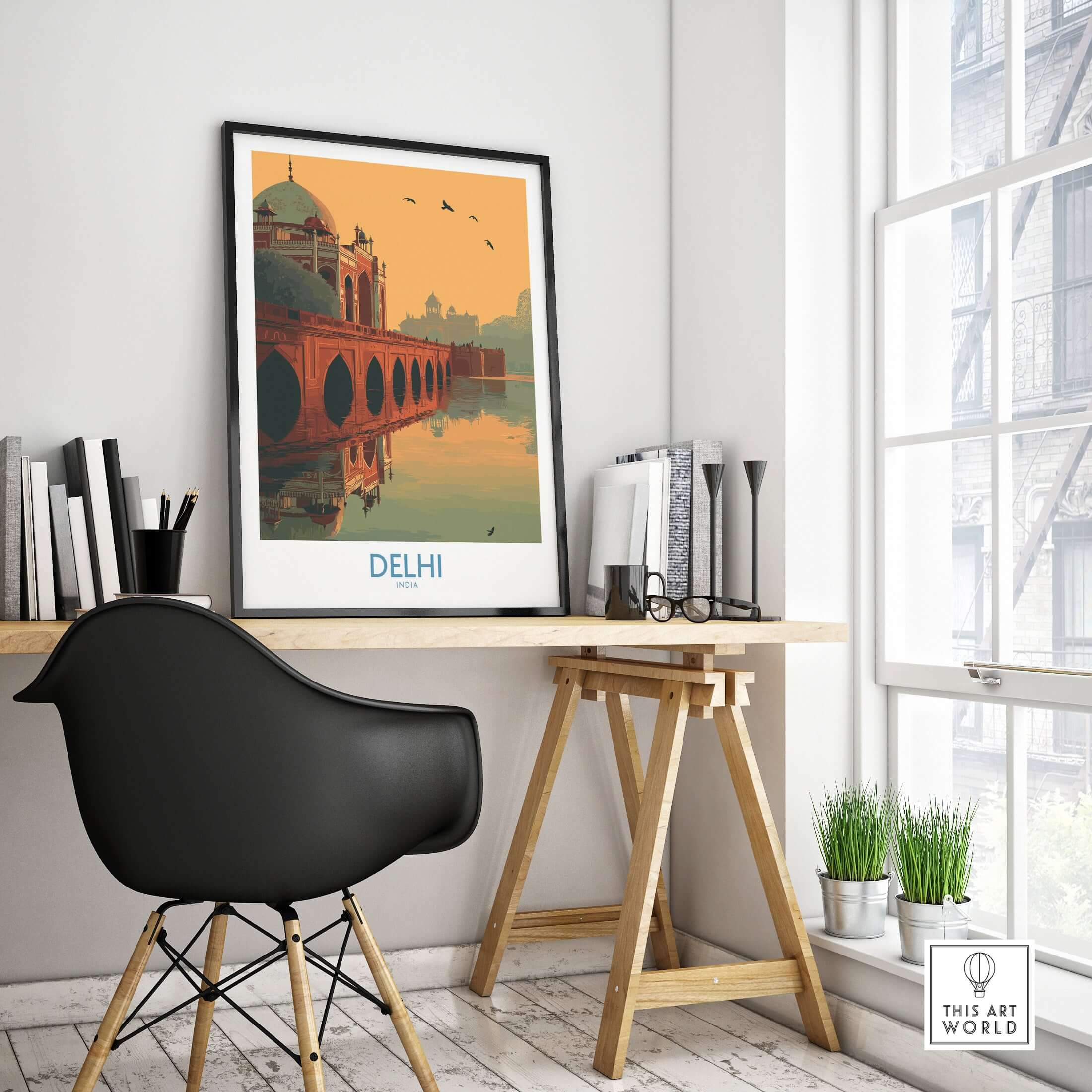 India Sunset Travel Poster Delhi Humayuns Tomb Bridge View Print Mughal Wall Art showcased in a stylish office setting.