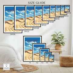 Size guide for Indiana Dunes National Park Poster showing various frame sizes and layout options.