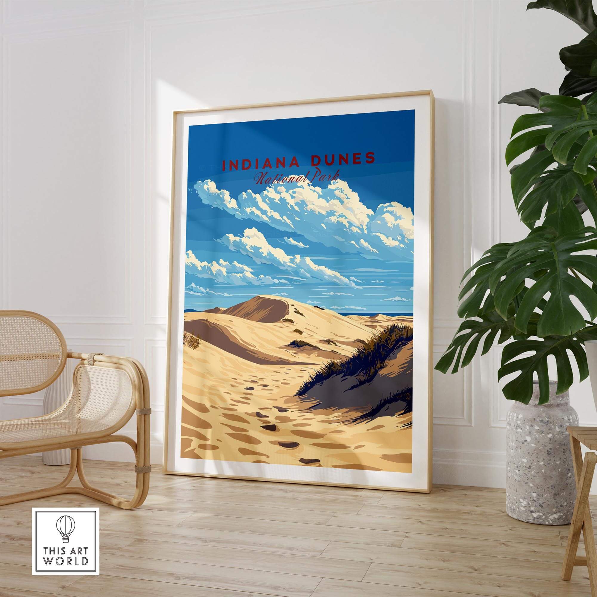 Indiana Dunes National Park Poster showcasing beautiful sand dunes and vibrant skies in a stylish interior setting.