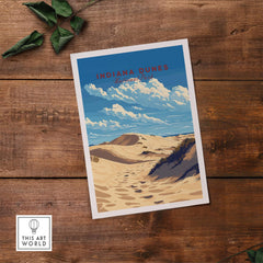 Indiana Dunes National Park Poster depicting scenic landscapes and blue skies, perfect for nature lovers.