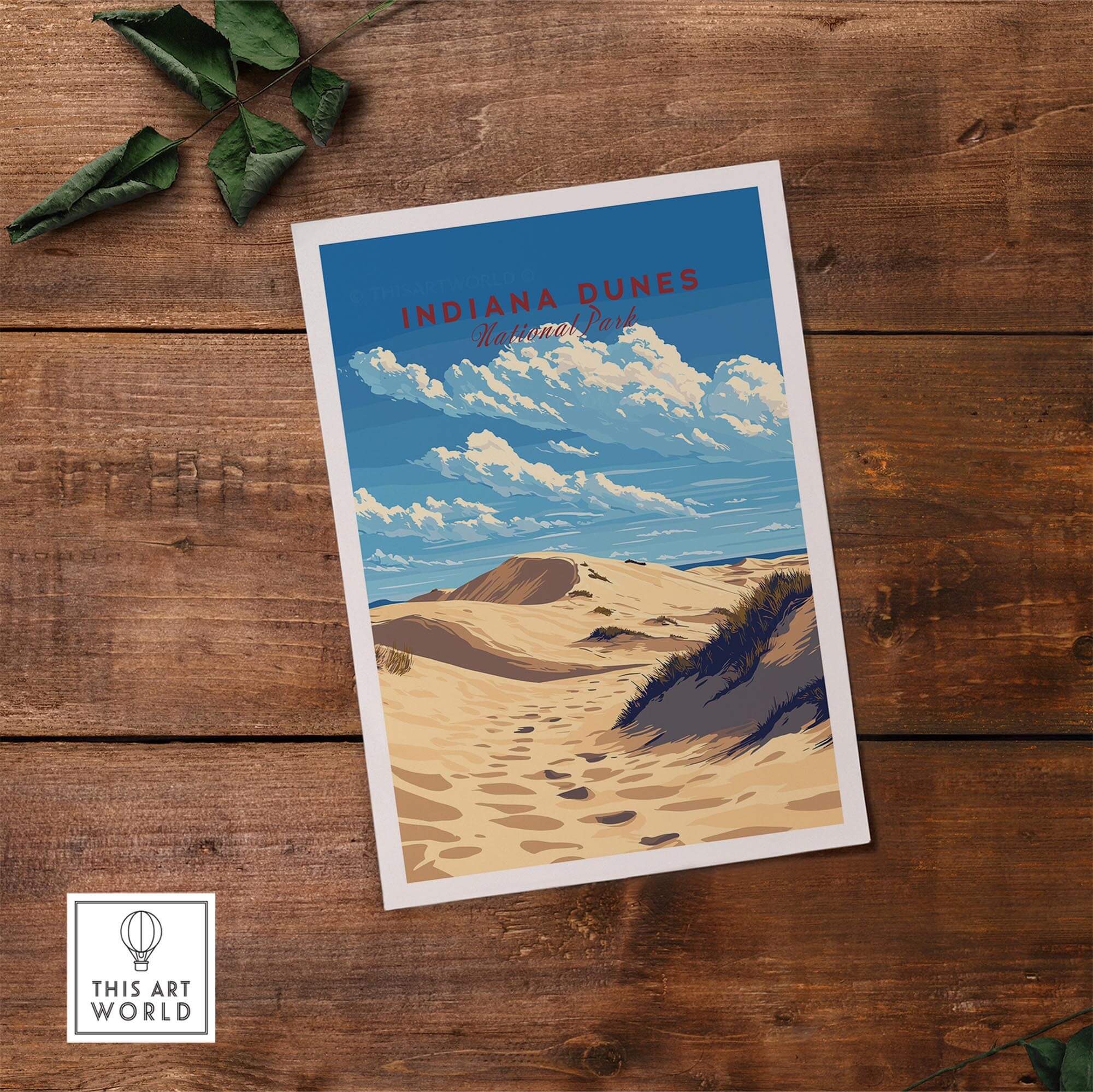 Indiana Dunes National Park Poster depicting scenic landscapes and blue skies, perfect for nature lovers.