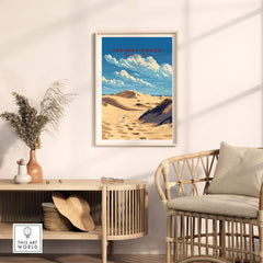 Indiana Dunes National Park Poster showcasing scenic dunes and blue skies, framed in a modern living space.