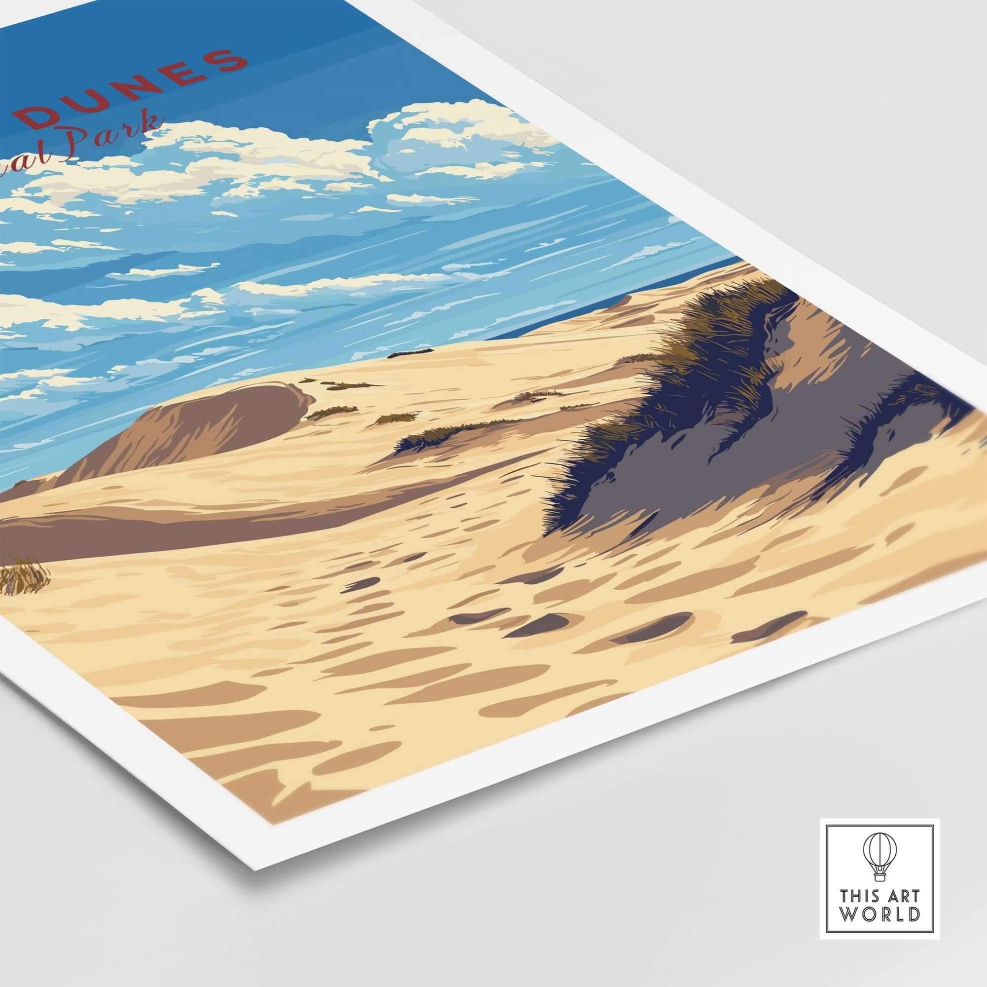 Indiana Dunes National Park Poster featuring scenic dunes and sky, perfect for nature lovers.