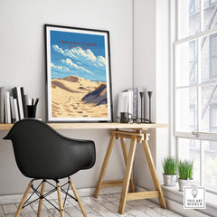Indiana Dunes National Park Poster displayed in a modern workspace, showcasing beautiful dunes and sky.